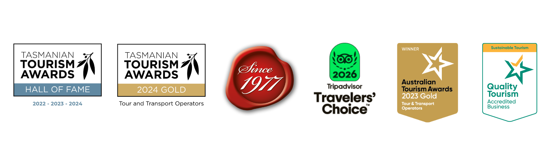Tasmanian Tourism Awards Hall of Fame, Tasmanian Tourism Awards 2024 Gold, operating since 1977, Tripadvisor Travellers' Choice Awards 2026, Australian Tourism Awards 2023 Gold, and Quality Tourism Accredited Business